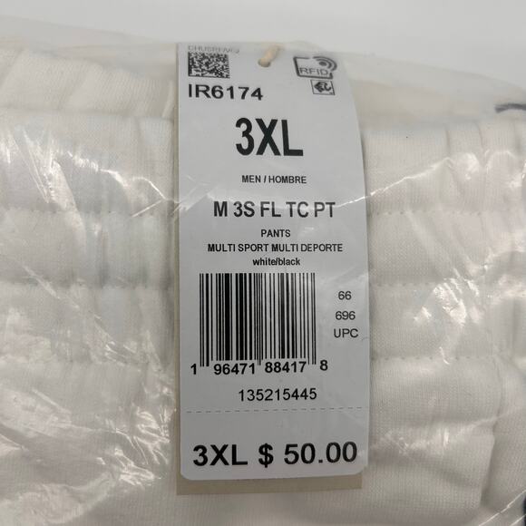 New Adidas Track Pants Men's 3XL White Black Essentials 3 Stripes Fleece Tapered - Picture 6 of 8